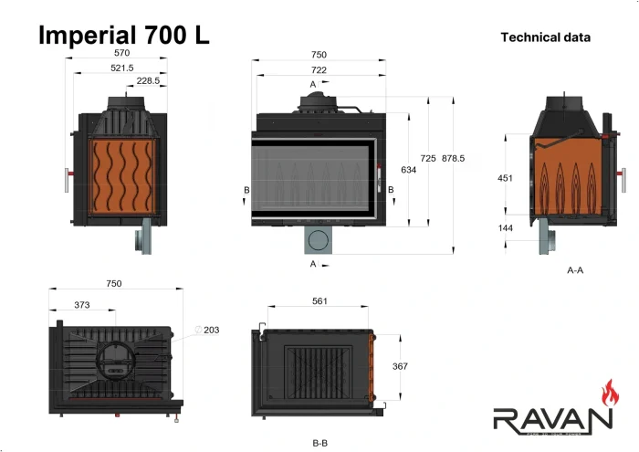 Чавунна камінна топка Ravan IMPERIAL 700 L на дровах - Зображення 8
