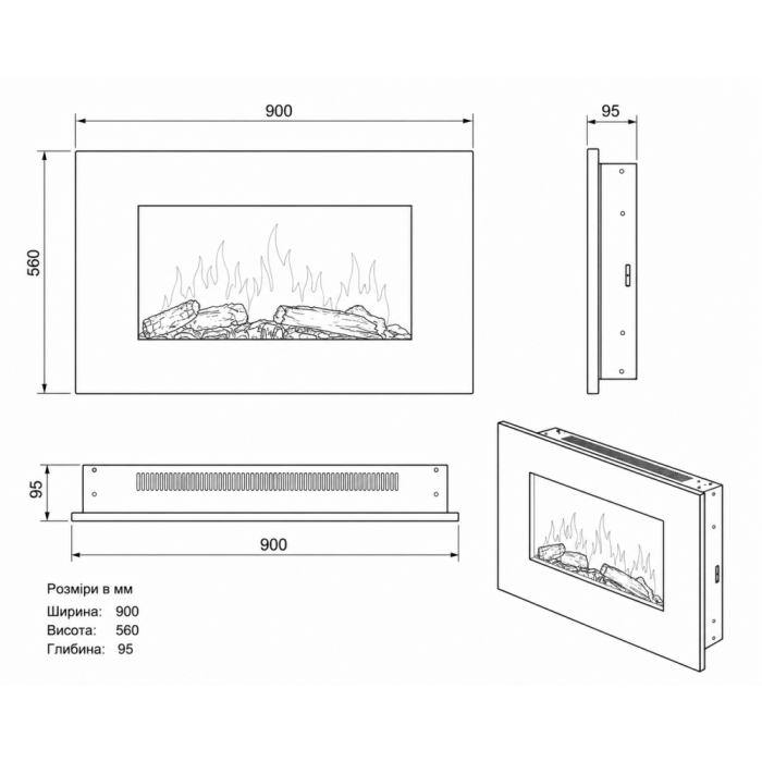 Електрокамін настінний Electrolux EFP/W-1250ULS з обігрівом, прямим склом, реалістичним ефектом полумʼя, зі звуком, дровами та білим камінням, розмір 900x560x95 - Зображення 4