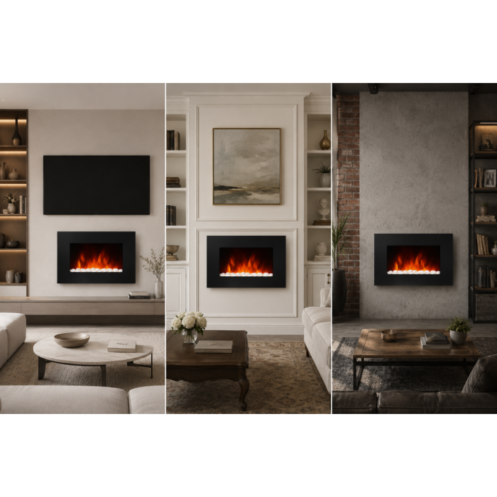 Електрокамін настінний Electrolux EFP/W-1250ULS з обігрівом, прямим склом, реалістичним ефектом полумʼя, зі звуком, дровами та білим камінням, розмір 900x560x95 - Зображення 2